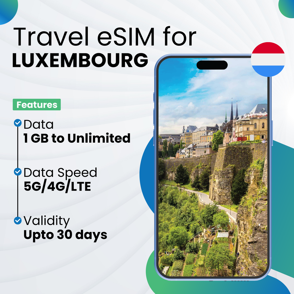 Travel prepaid eSIM for Luxembourg with 1GB to unlimited data, 5G/4G/LTE speed, 30-day validity, compatible with Android & iPhones